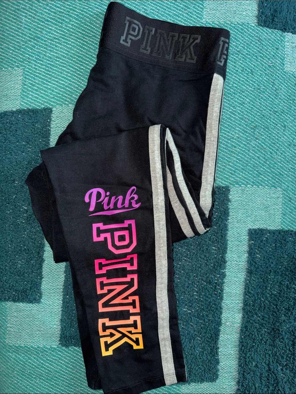 PINK Victoria's Secret Black Leggings with Pink-to-Yellow Gradient Logo
